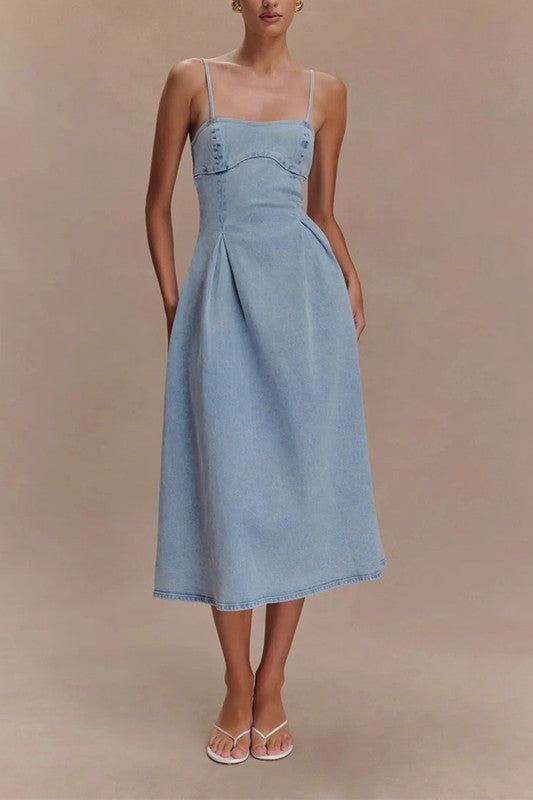 Light Blue Denim Midi Cami Dress