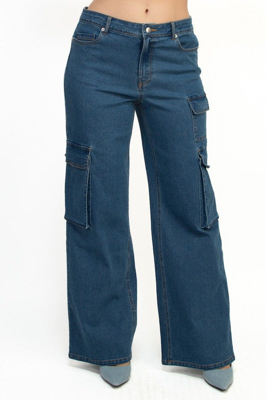 Mid-Rise Cargo Medium Denim Pants