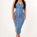 Button Down Strapless Bodycon Midi medium Denim Dress