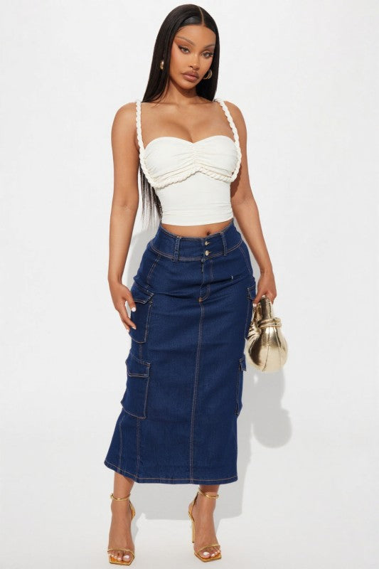 Dark Denim Cargo Pockets Midi Skirt