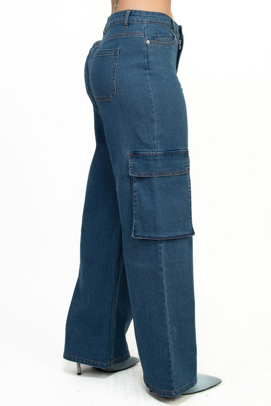 Mid-Rise Cargo Medium Denim Pants