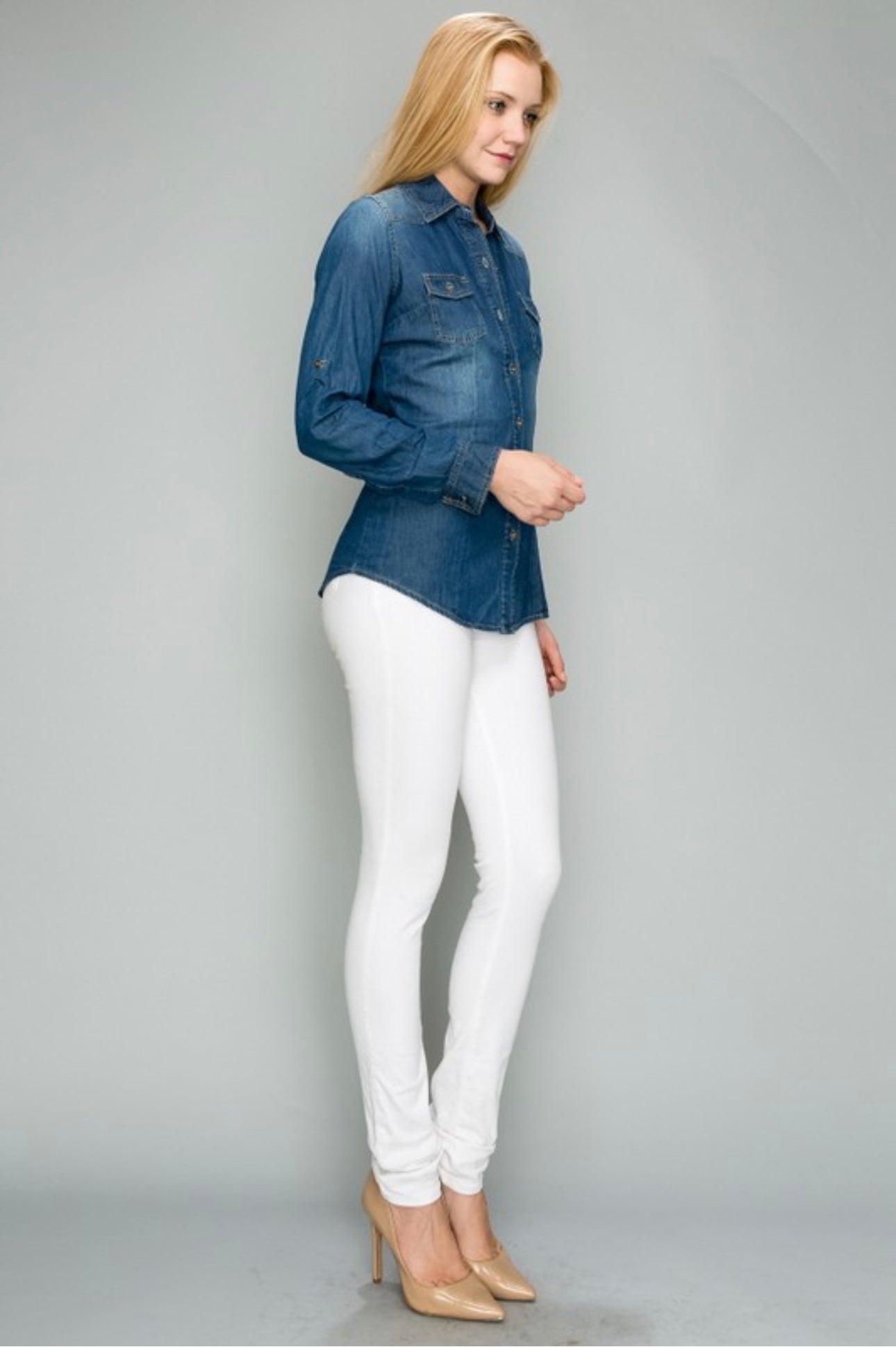 Woven Solid Button Down Denim Shirts Top