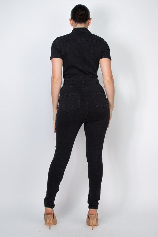 Button Down Skinny Black Denim Jumpsuit