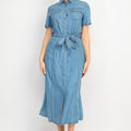 Collared Button Waist-tie Denim Dress