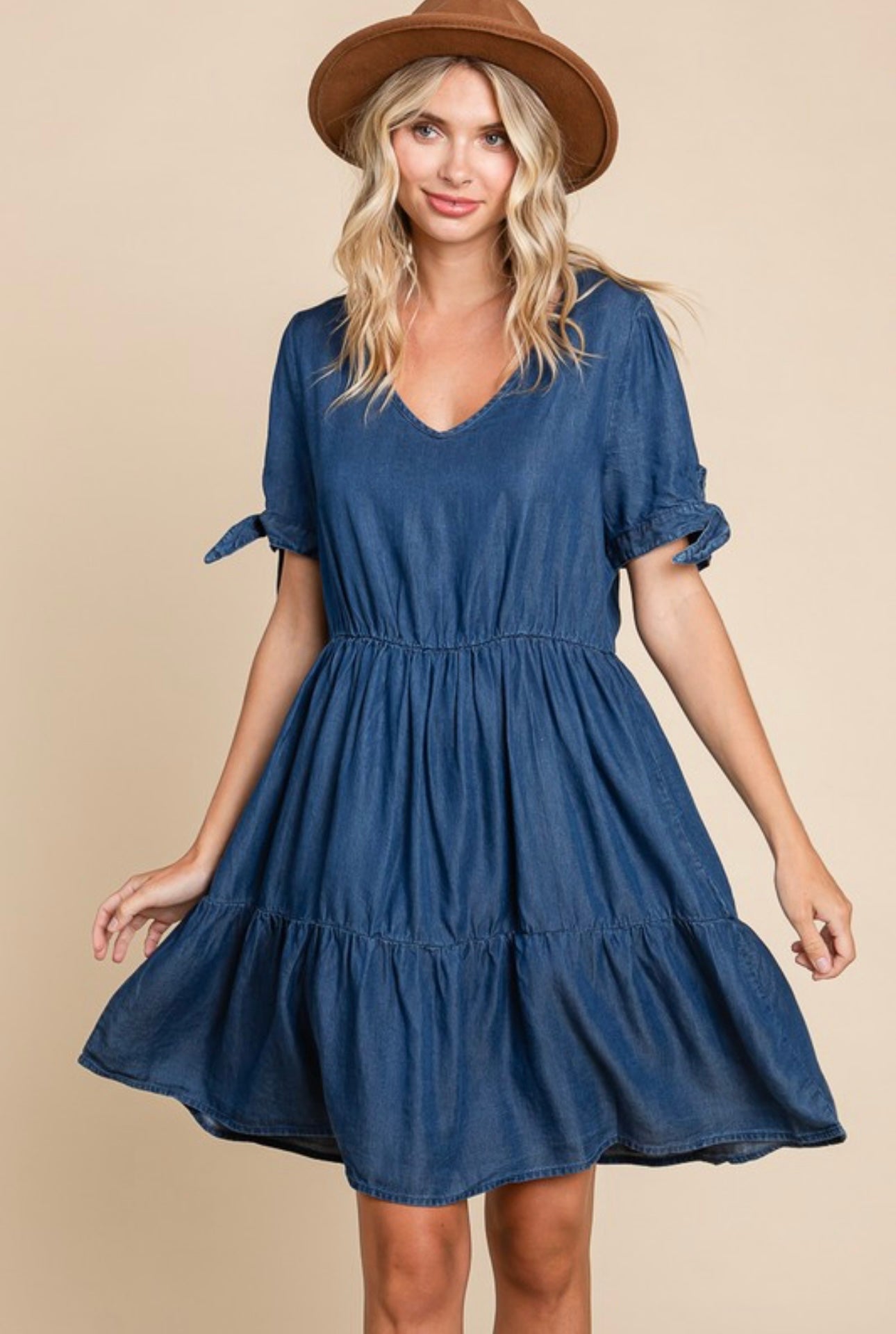 Lyocell chambray v-neck tiered dress