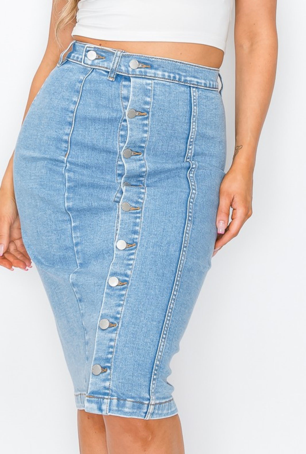 Button Up Knee Length Denim Skirt