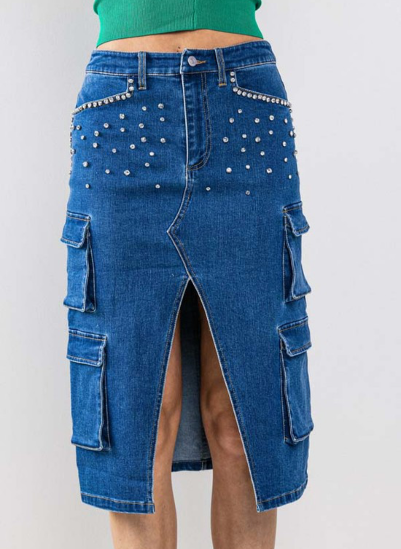 PEARL TRIMMED DENIM SKIRT