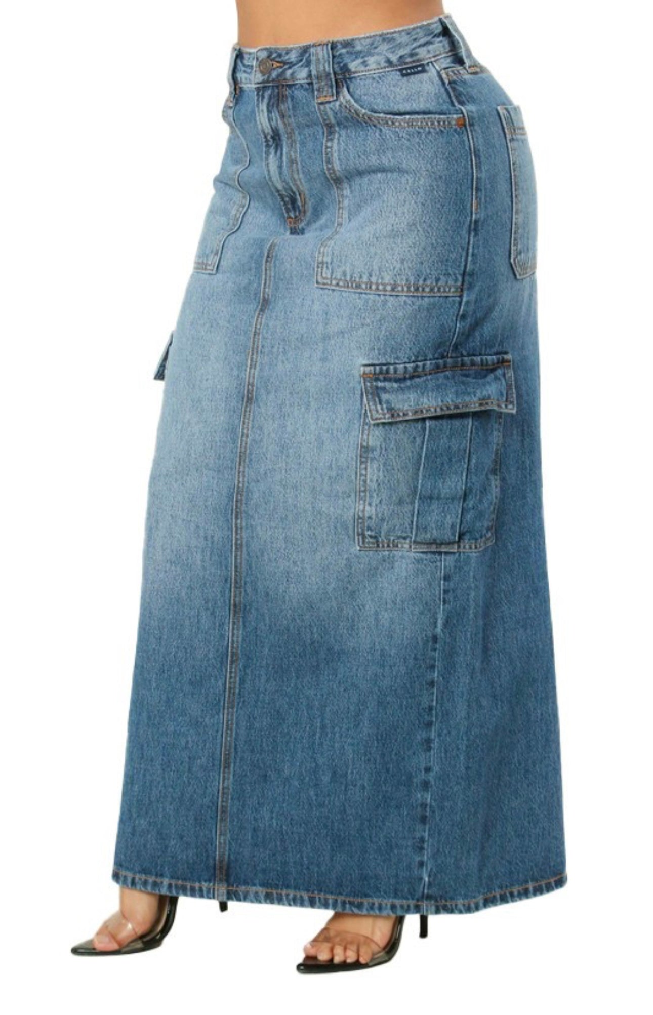 CARPENTER MID WAISTED MAXI DENIM SKIRT