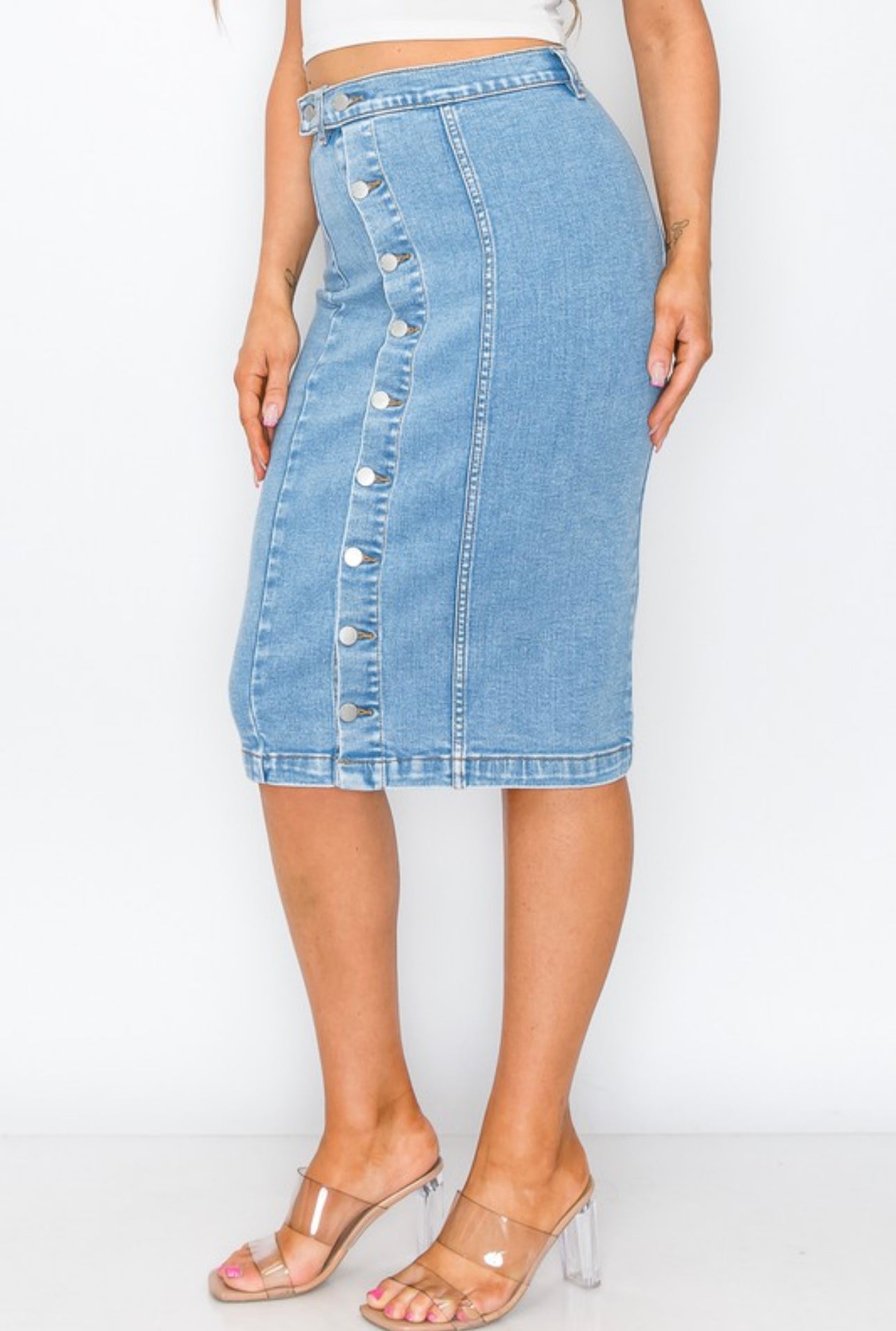 Button Up Knee Length Denim Skirt