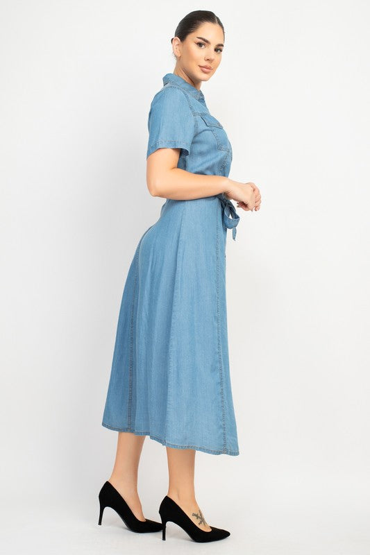 Collared Button Waist-tie Denim Dress