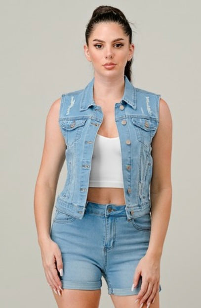 Light denim distressed Vest Jacket