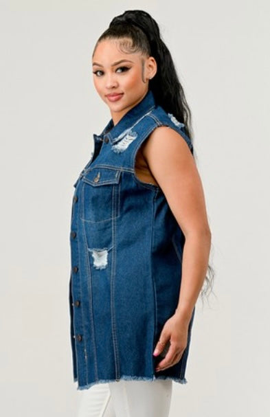 Distressed Long DenimJacket vest