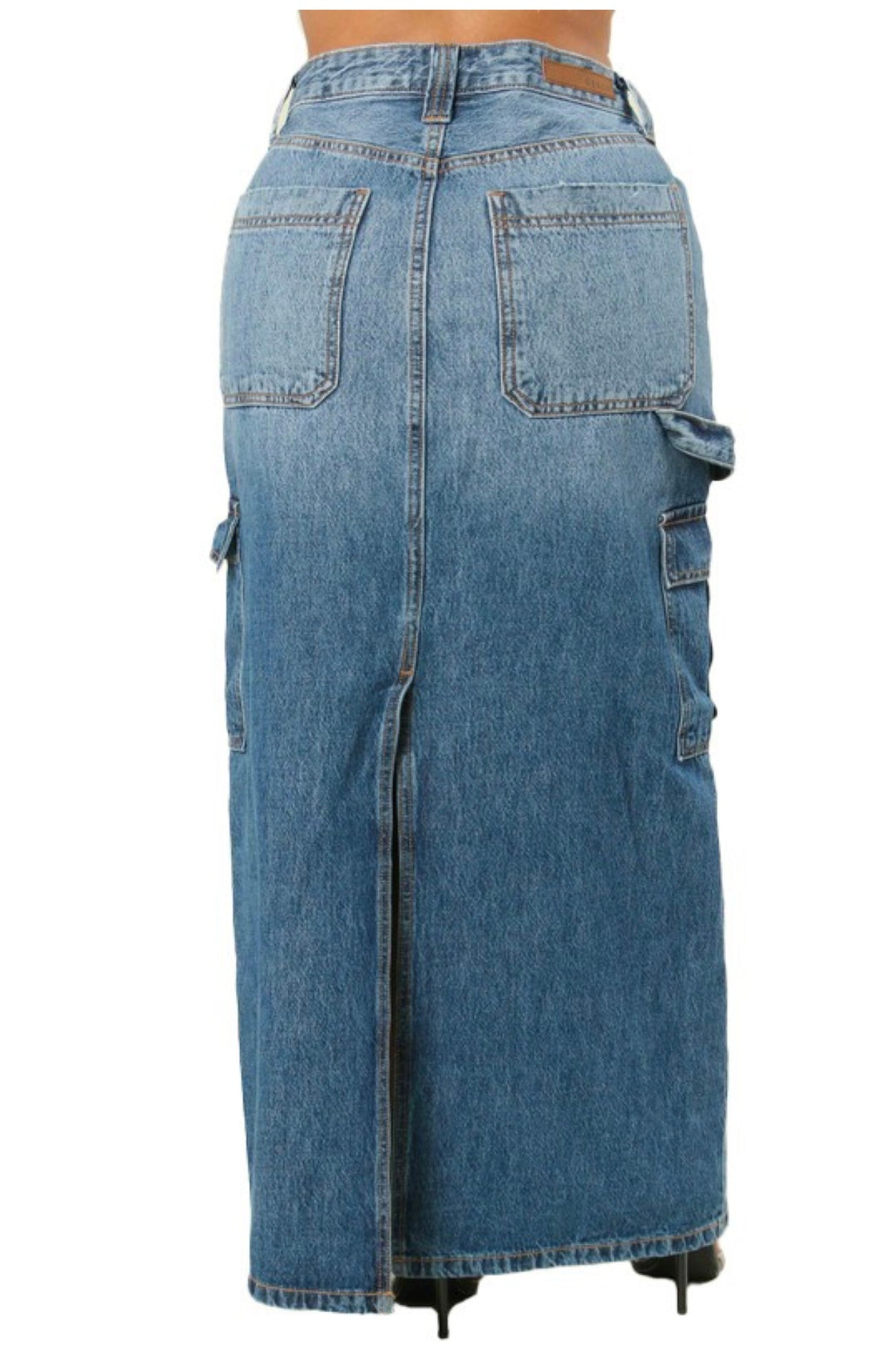 CARPENTER MID WAISTED MAXI DENIM SKIRT