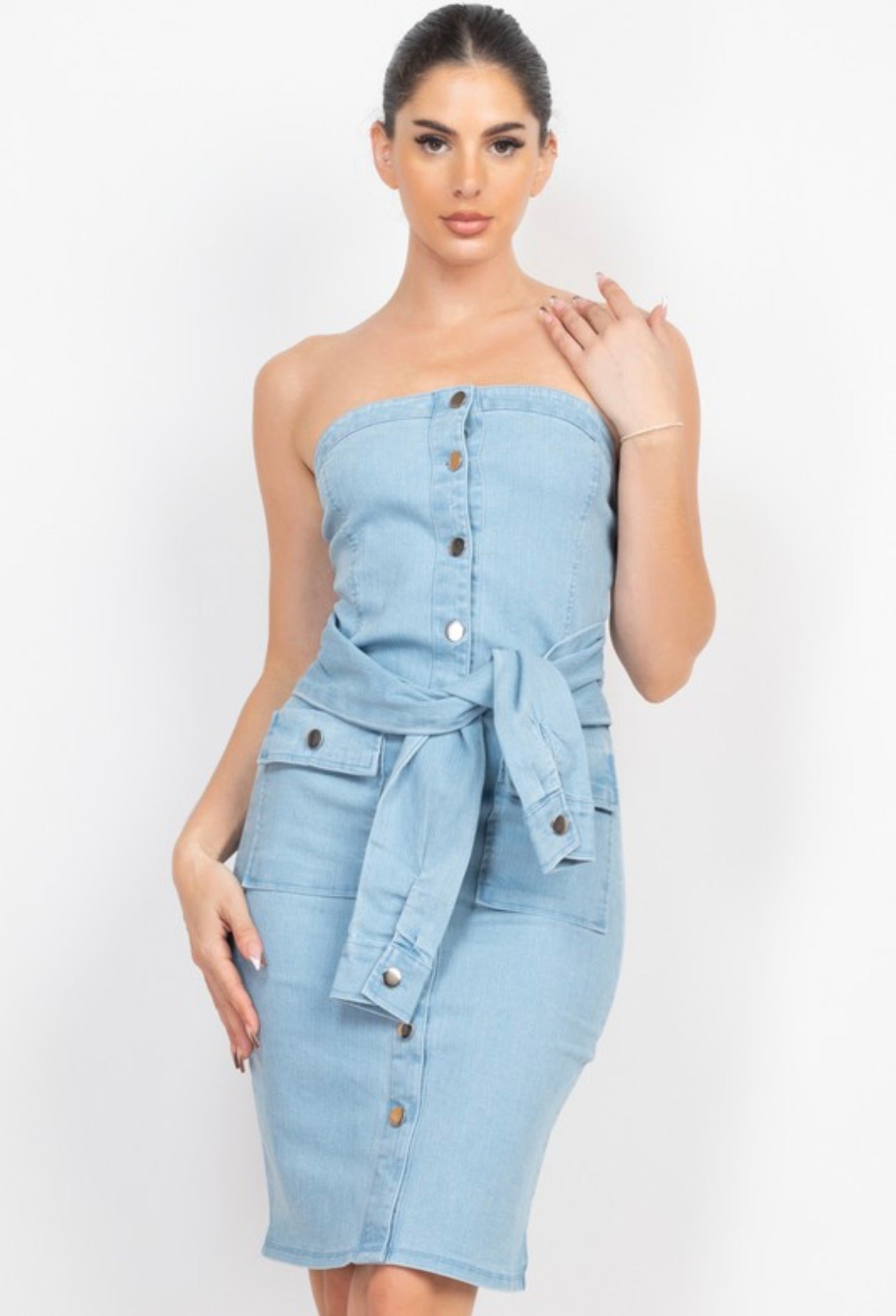 Denim Strapless Dress with button-Up Detail