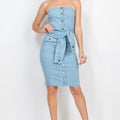 Denim Strapless Dress with button-Up Detail