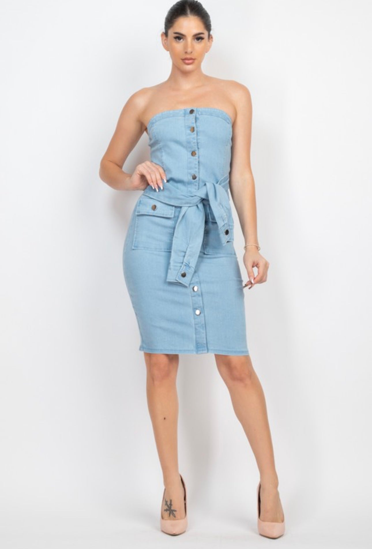 Denim Strapless Dress with button-Up Detail