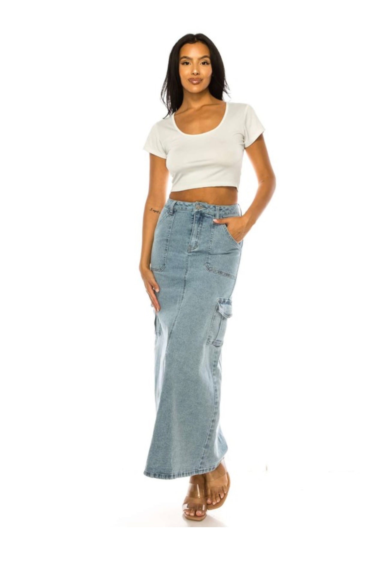 Long Cargo Denim Skirt Light Wash