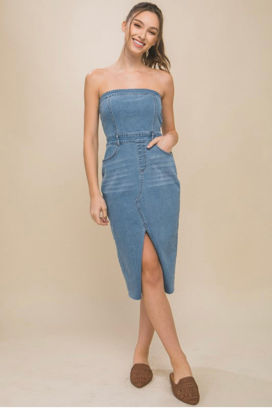 Denim Strapless Dress with Front Slit Detail