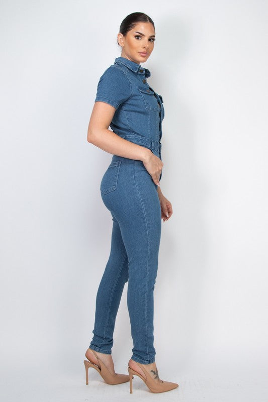 Button Down skinny Medium Denim Jumpsuit