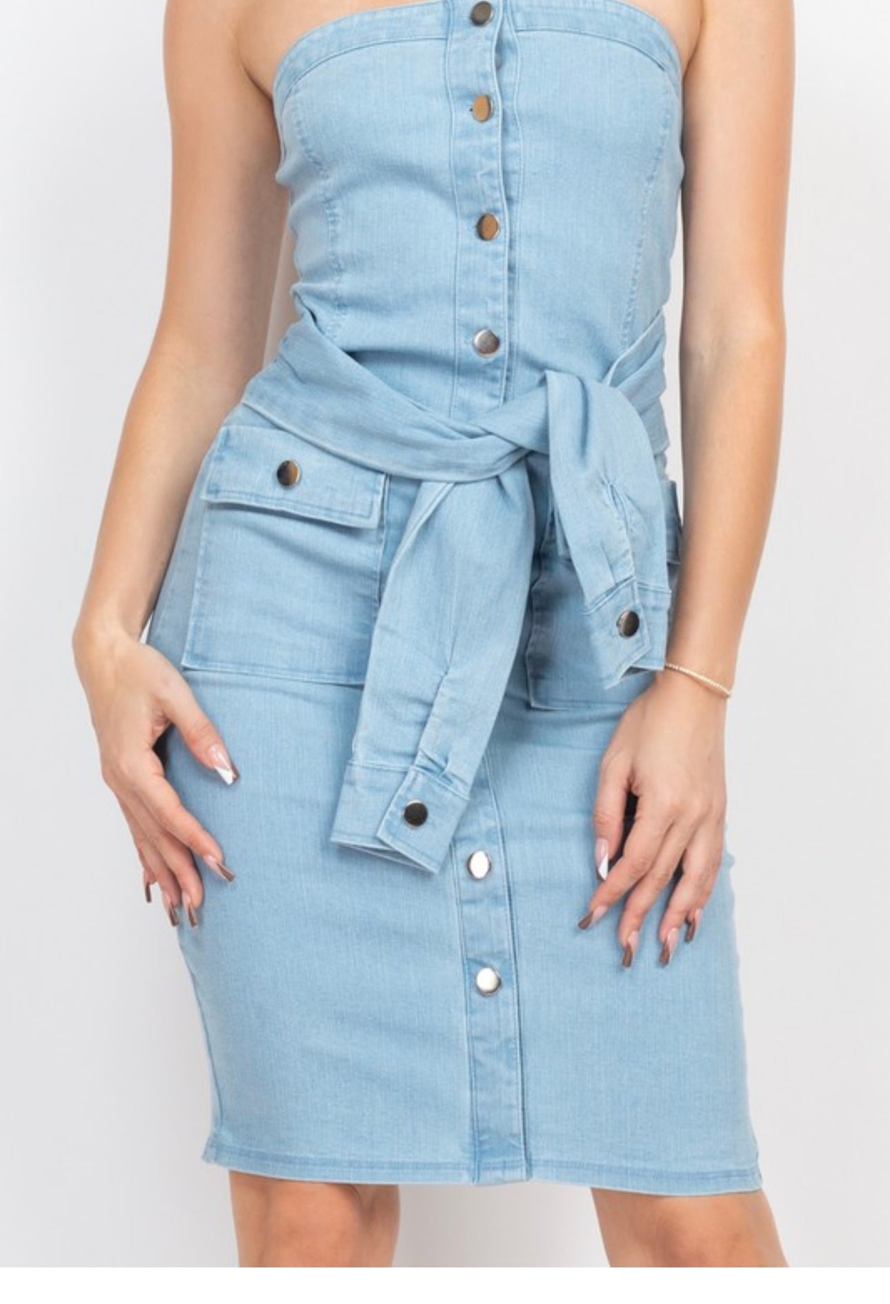 Denim Strapless Dress with button-Up Detail