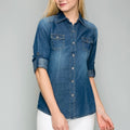 Woven Solid Button Down Denim Shirts Top