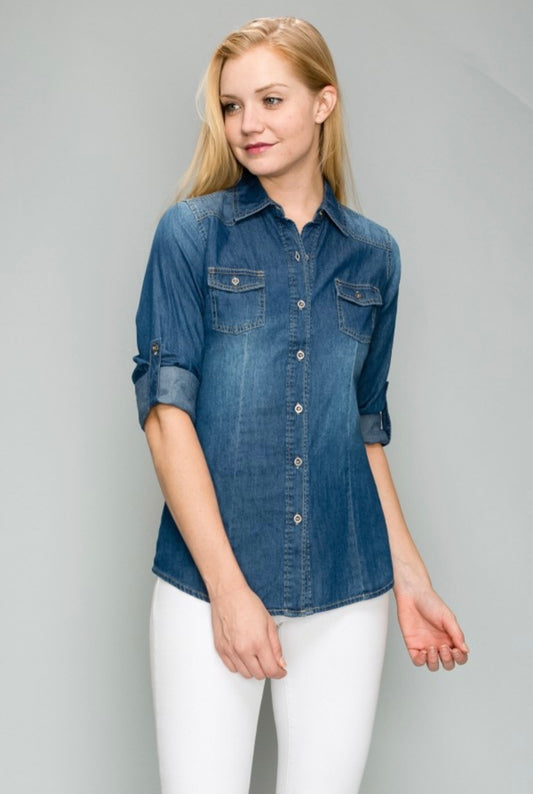 Woven Solid Button Down Denim Shirts Top