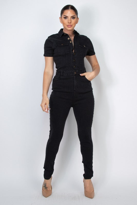 Button Down Skinny Black Denim Jumpsuit