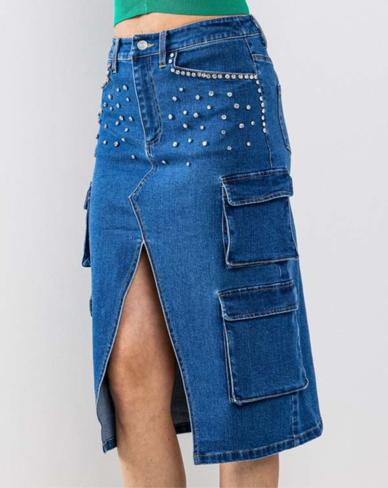 PEARL TRIMMED DENIM SKIRT