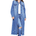 Medium Denim Long Jackets Distressed Washed