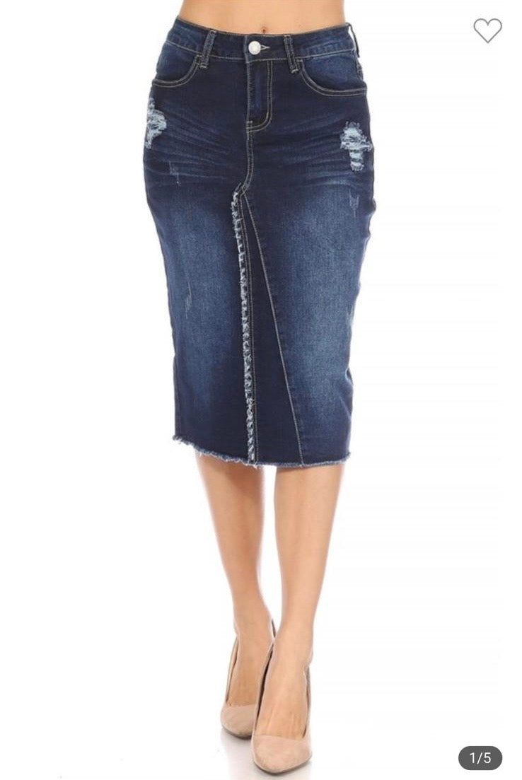 Blue dark Distressed denim skirt knee length