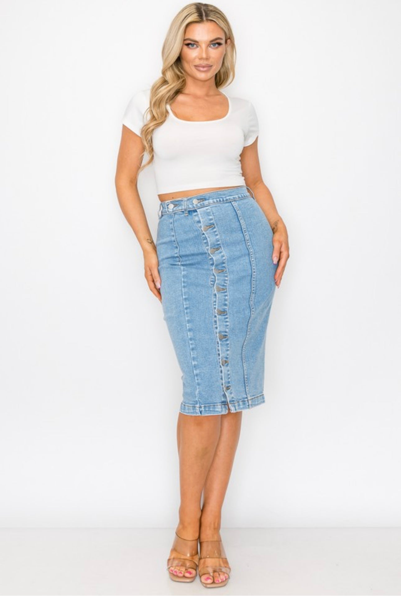 Button Up Knee Length Denim Skirt