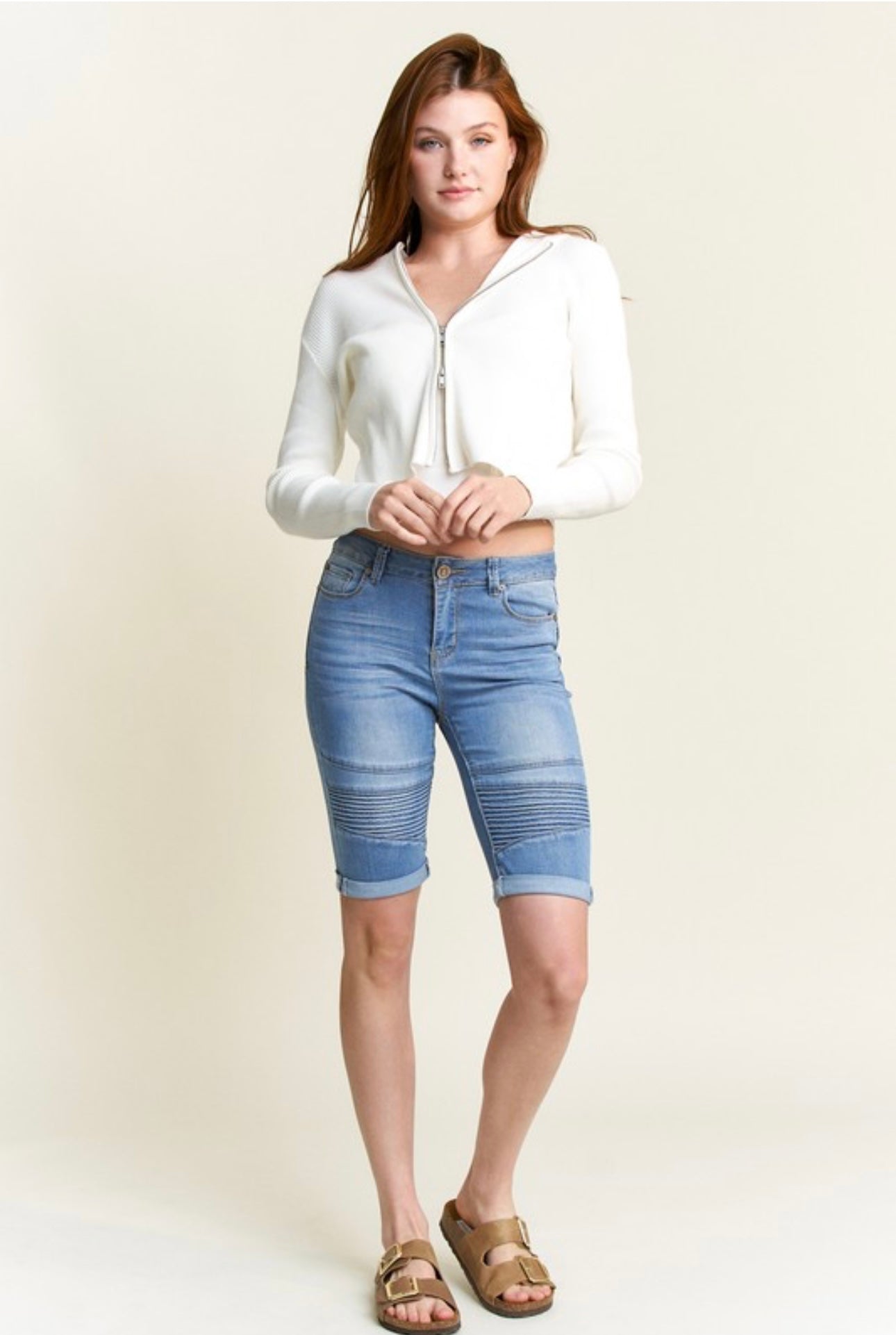 Roll Up Moto Bermuda Denim Shorts p Waist