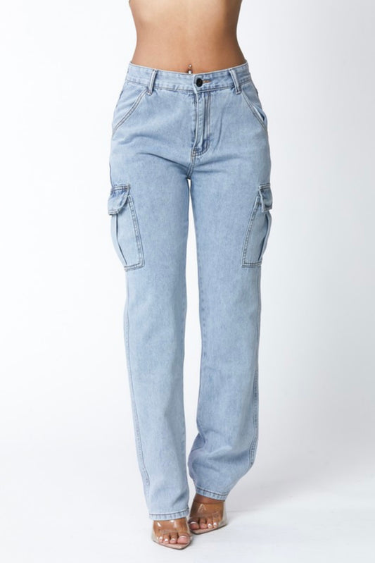 High waist denim pants pocket baggy cargo jeans