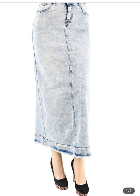 Acid wash long denim skirt