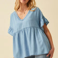 Womens Tencel Frayed Double V Neck Top