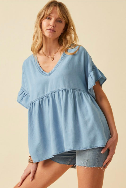 Womens Tencel Frayed Double V Neck Top