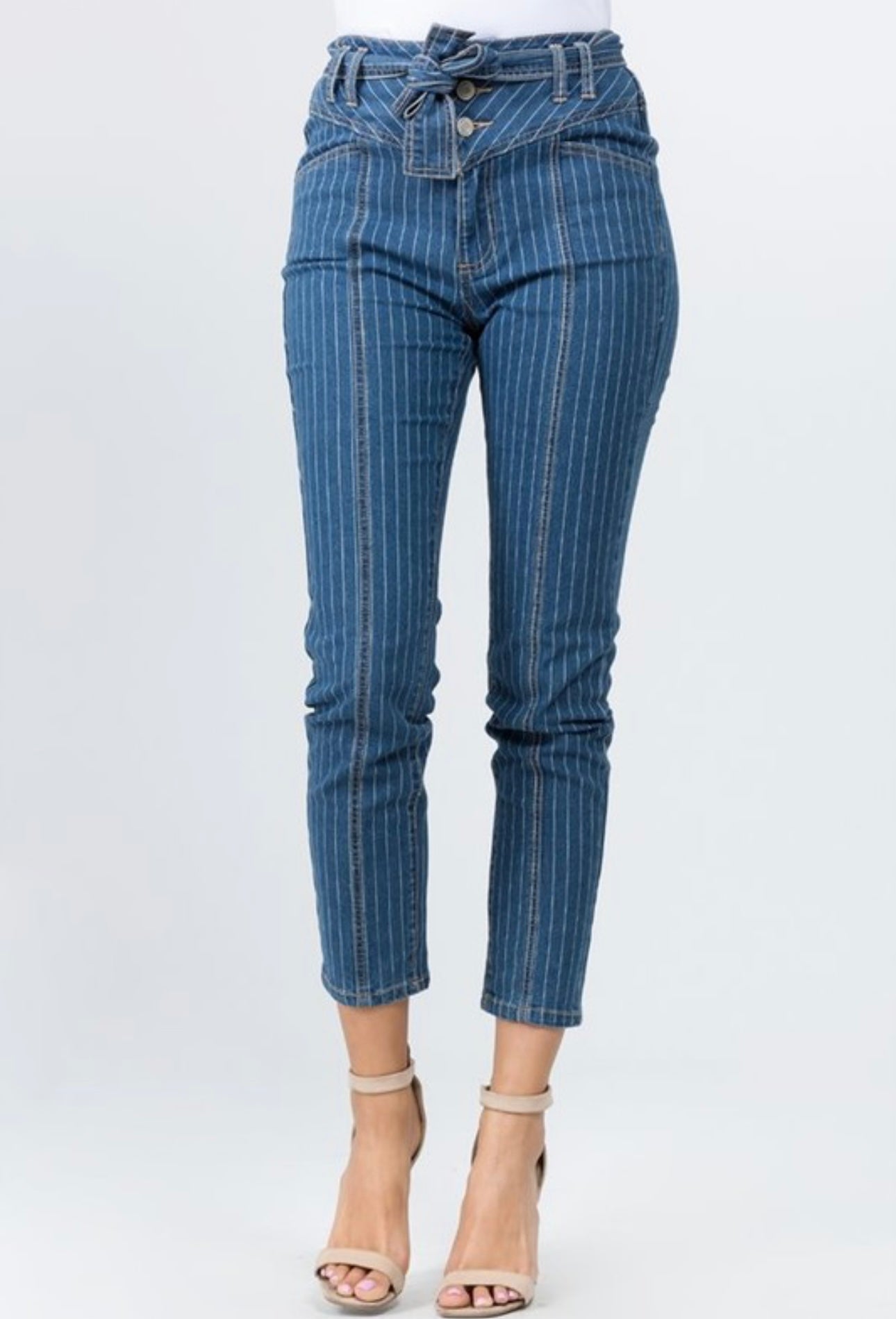 STRIPED SKINNY ANKLE LENGTH DENIM W/ BELT