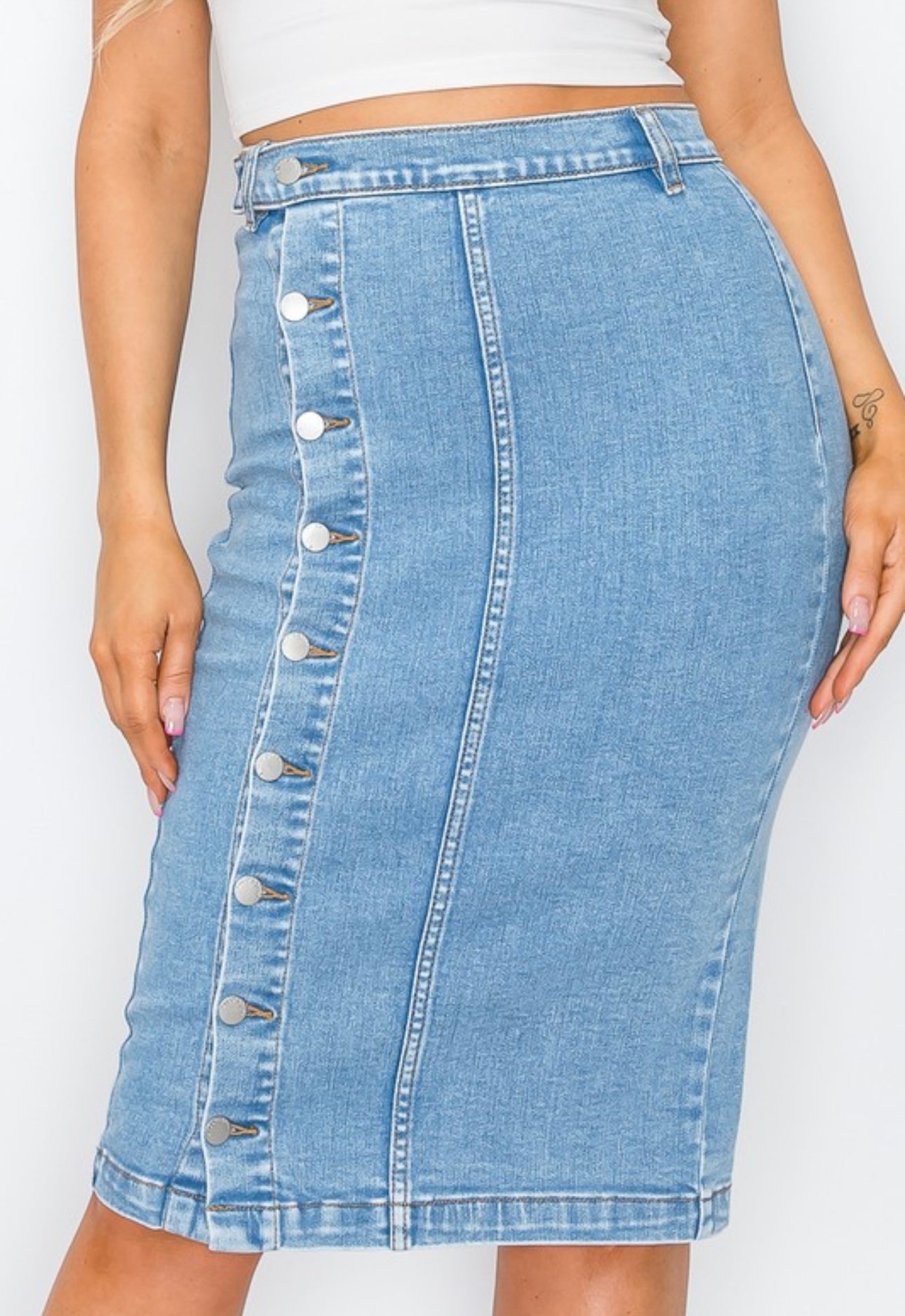 Button Up Knee Length Denim Skirt