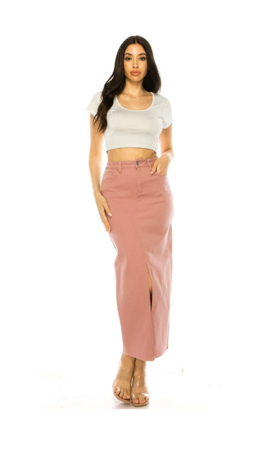 Blush/Coral Long Denim Skirt