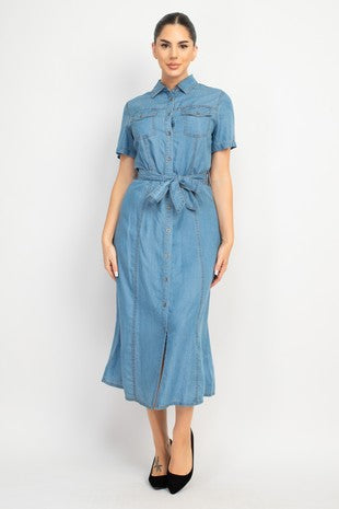 Collared Button Waist-tie Denim Dress