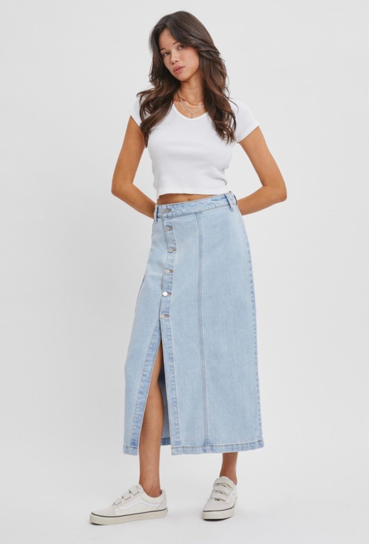 High Rise Midi Skirt with Button Up Slit