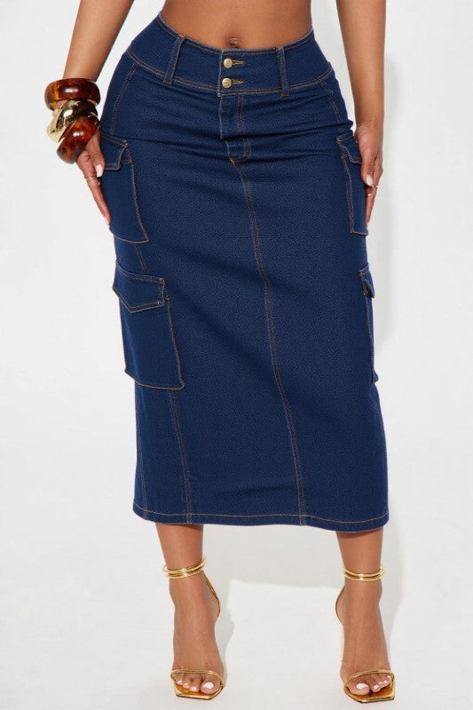 Dark Denim Cargo Pockets Midi Skirt