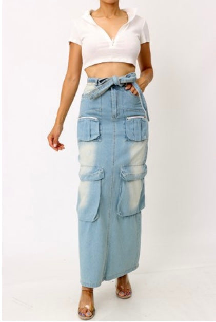 Distressed Long Denim Skirt