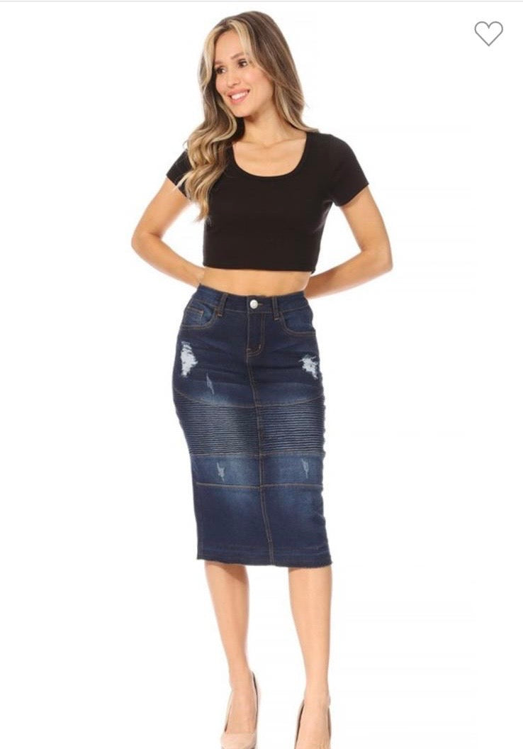 Distressed Knee length Denim Skirt
