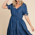 Lyocell chambray v-neck tiered dress