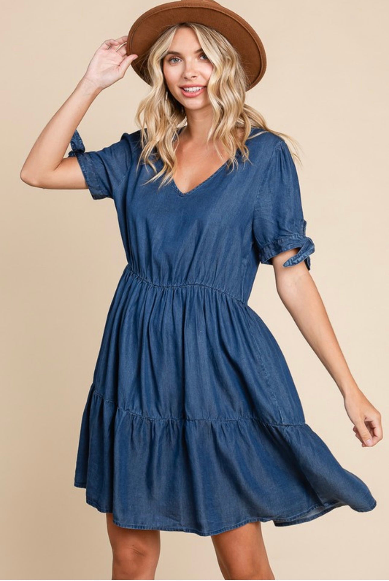 Lyocell chambray v-neck tiered dress