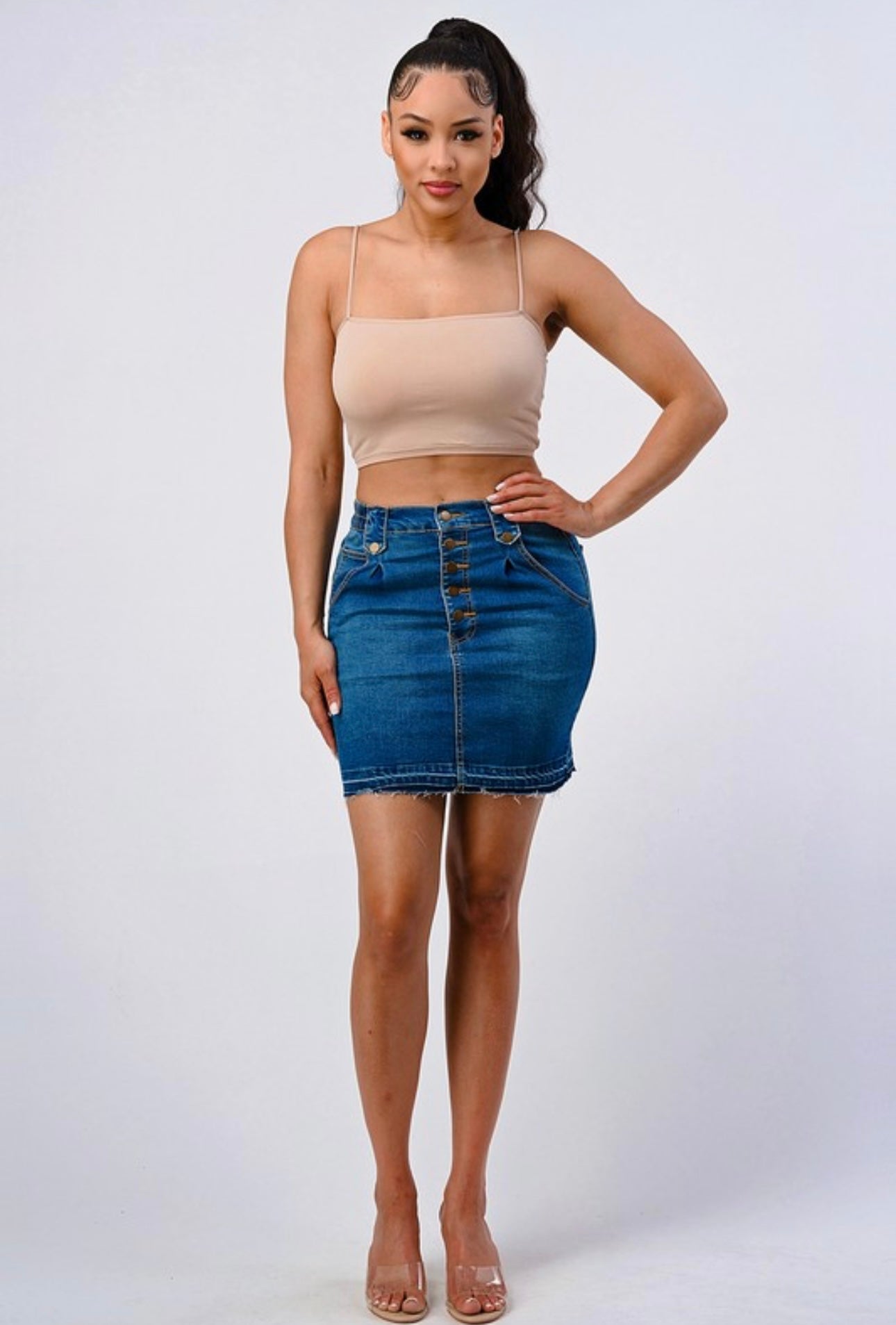 CINCHED WAIST BAND RELEASED HEM MINI SKIRT