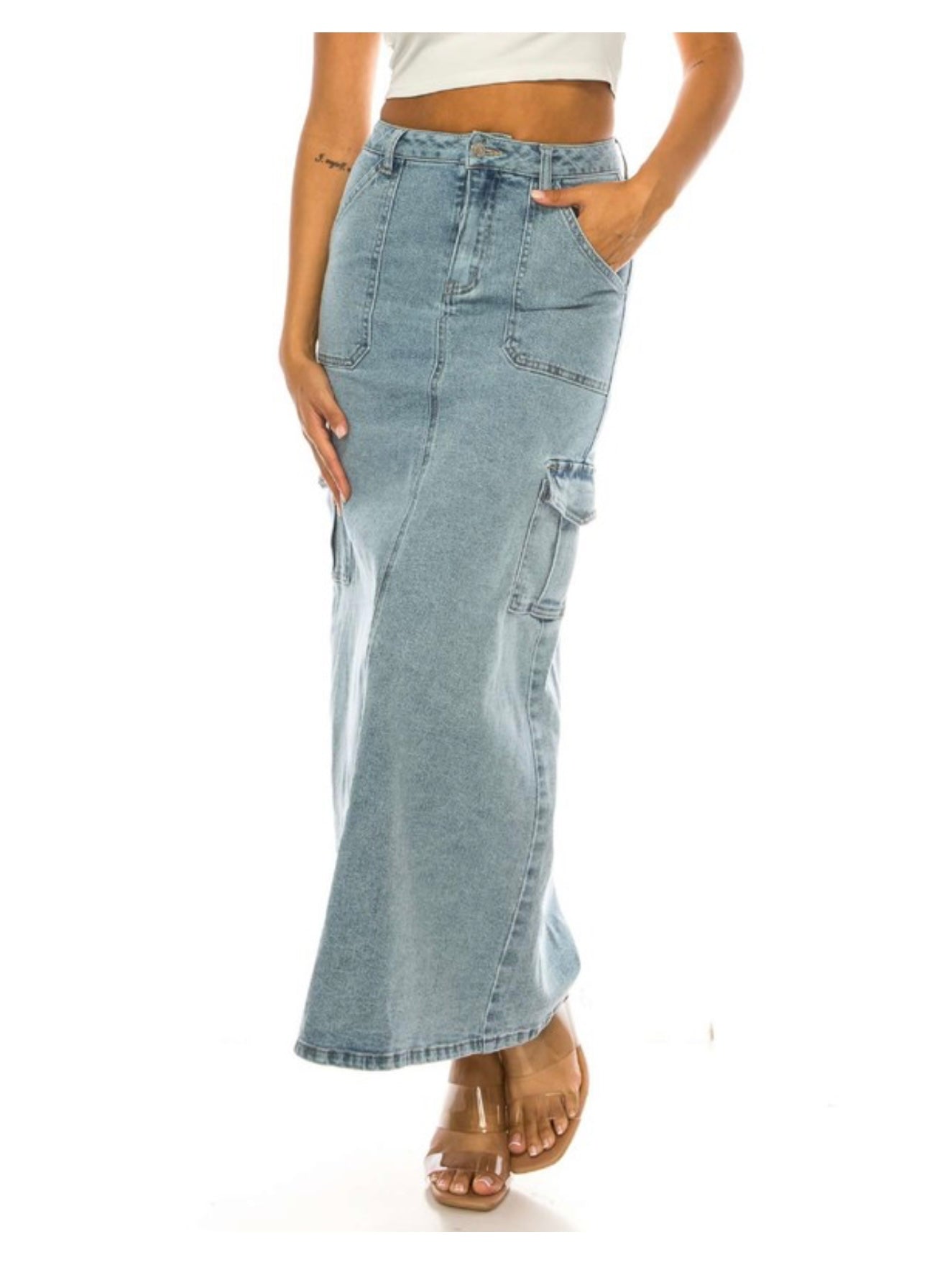 Long Cargo Denim Skirt Light Wash